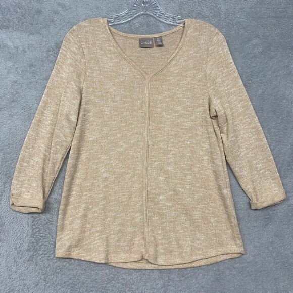 Chicos Sweater Womens Small Beige Pullover V Neck Lightweight Polyester Cotton - Picture 1 of 8